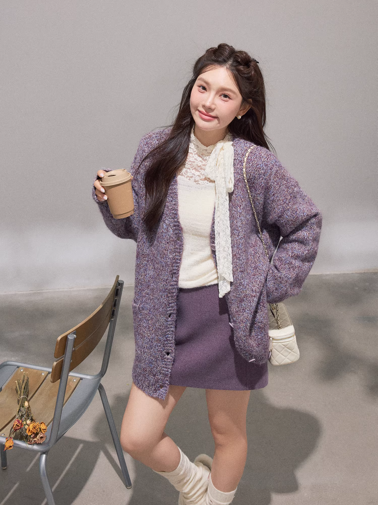 Bộ áo khoác và váy len màu tím kiểu Hàn Quốc, dáng ôm, phong cách quý tộc, dành cho phụ nữ cỡ lớn, mùa đông.
