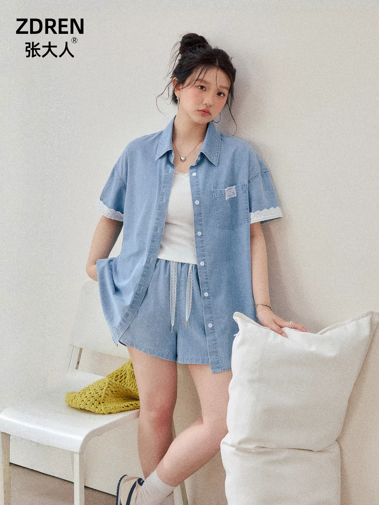 Quần áo nữ cỡ lớn dành cho người lớn, bộ đồ denim giảm béo cho các cô gái mũm mĩm, áo khoác ngắn tay lười biếng phong cách Hàn Quốc, quần short chữ A