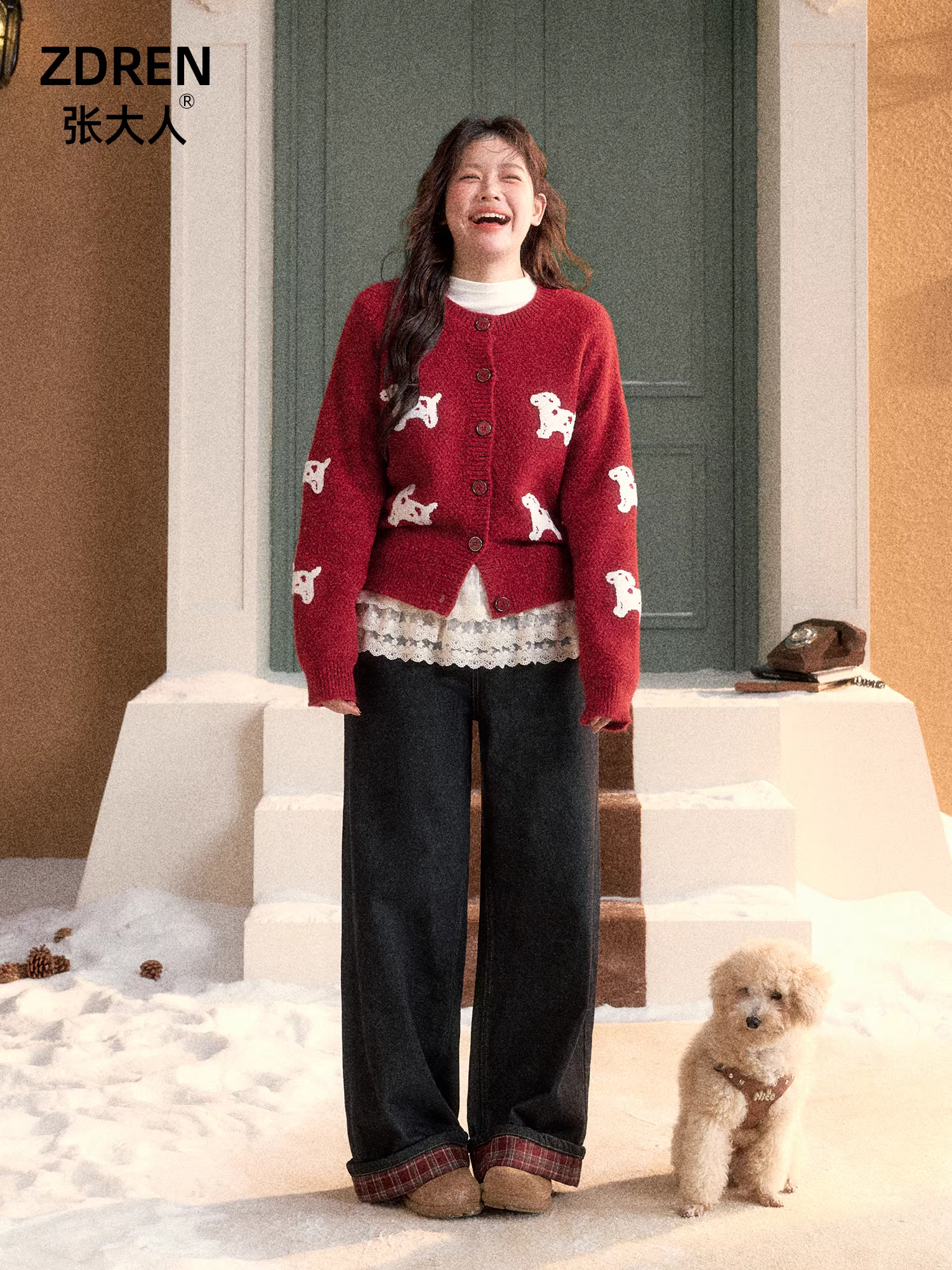 Quần áo nữ cỡ lớn mới của Zhang Daren dành cho phụ nữ hơi mũm mĩm, bộ áo len và quần jean màu đỏ kiểu dáng lười biếng kiểu Hàn Quốc.
