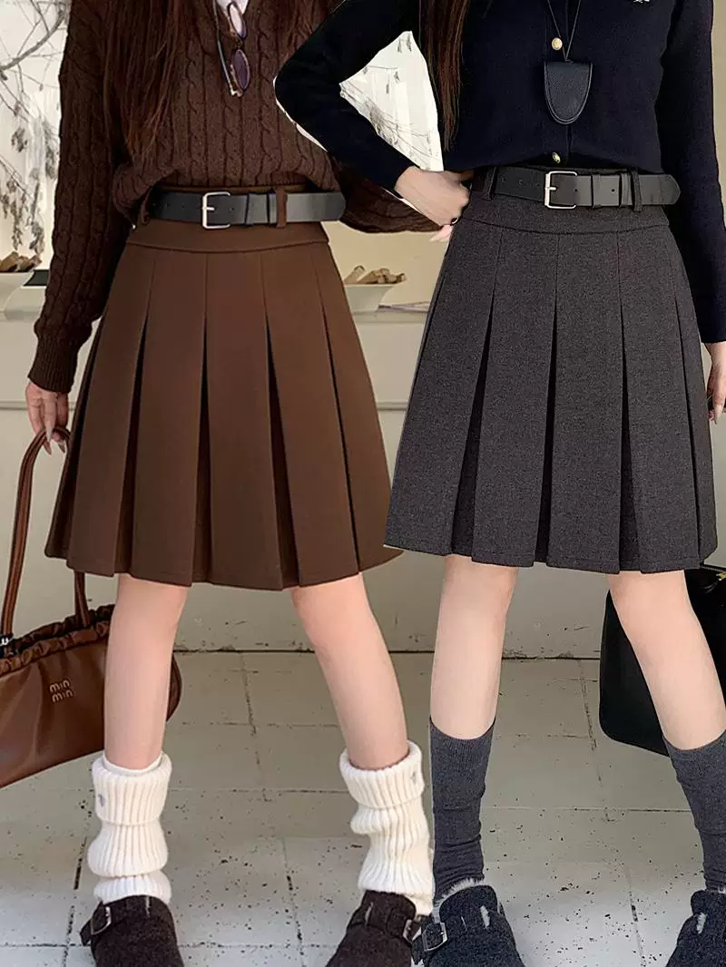 Váy len xếp ly màu xám lưng cao cỡ lớn dành cho nữ, váy midi chữ A chống lộ mùa thu đông, váy dày kiểu preppy giúp thon gọn.