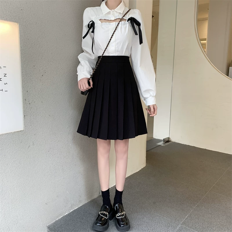 Váy xếp ly cỡ lớn dành cho nữ, dài vừa phải, mùa xuân hè, giảm béo, chống lộ, váy ngắn phồng, phong cách preppy, váy chữ A cạp cao.