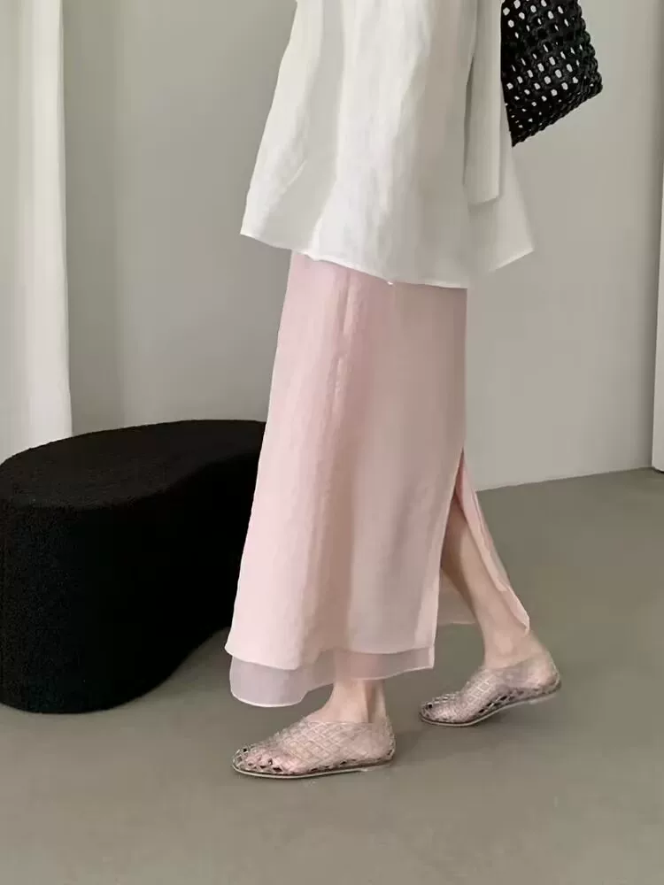 Váy midi màu trơn lưng cao, kiểu dáng mỏng nhẹ mùa hè, size lớn cho người dáng quả lê, váy thẳng, dài ngang đùi có đường xẻ phía sau, váy chữ A.