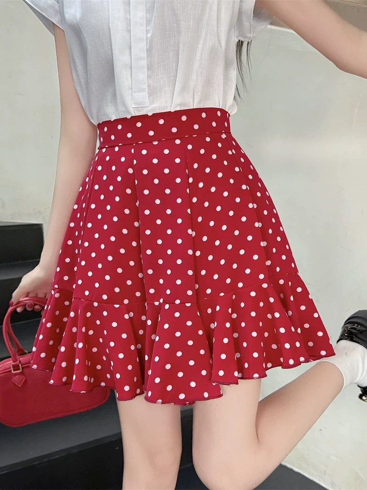 Váy ngắn đuôi cá bằng vải voan chấm bi màu đỏ, váy dù che hông cỡ lớn mùa hè, váy chữ A xếp nếp nhỏ nhắn