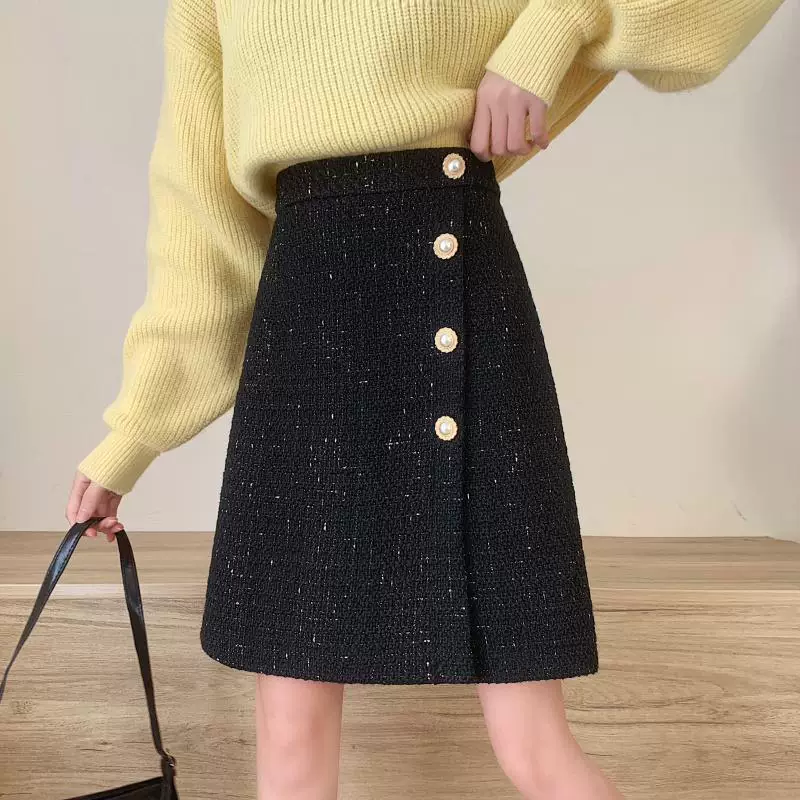 Váy ngắn len cỡ lớn dành cho nữ, mùa thu đông, che hông, lưng cao, dài vừa phải, kiểu Chanel, váy bút chì đen không đều.