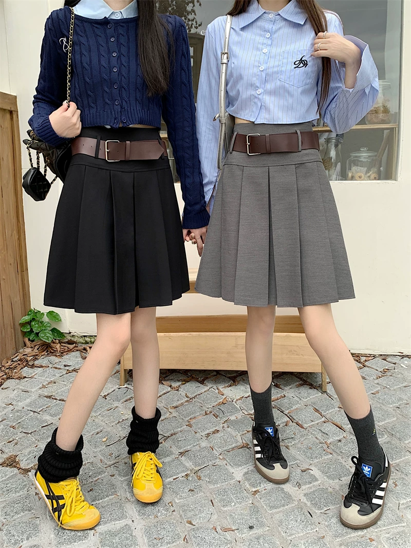 Váy xếp ly màu xám dành cho nữ, mùa thu đông, phong cách preppy, dáng chữ A, dài vừa phải, lưng cao, thiết kế độc đáo, váy nửa thân, váy dù.