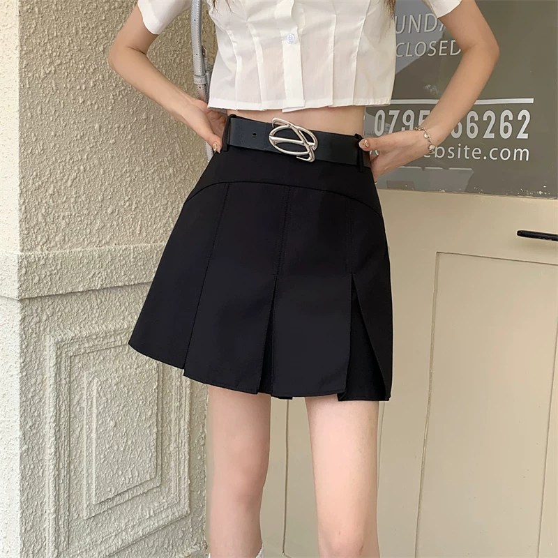 Váy xếp ly lưng cao màu xám cỡ lớn, váy ngắn chữ A tôn dáng cho nữ, quần váy ôm hông kiểu Mỹ chống lộ.