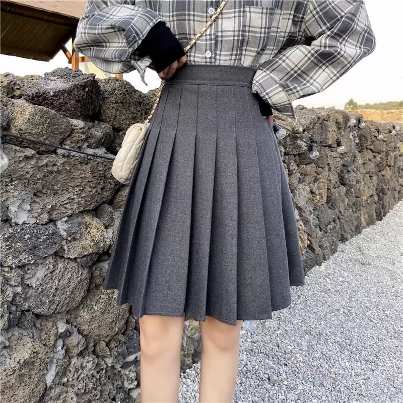 Váy len xếp ly cỡ lớn dành cho nữ, váy midi thu đông, váy chữ A cạp cao tôn dáng, phong cách preppy, váy chống lộ cho các cô nàng mũm mĩm.