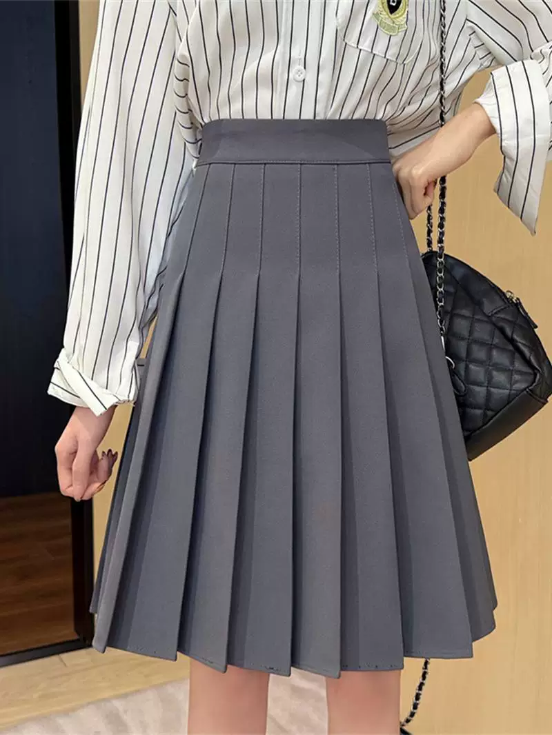 Váy xếp ly màu xám cực dài dành cho nữ, mùa xuân hè, lưng cao, tôn dáng, váy chữ A phong cách preppy, chống lộ, váy dài vừa phải.