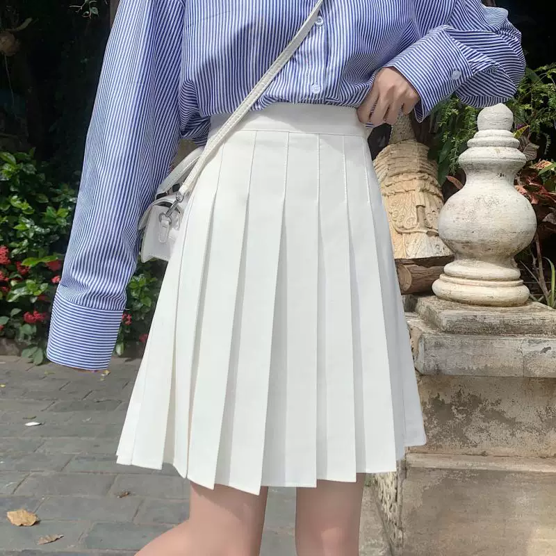 Váy xếp ly màu trắng, váy chữ A chống lộ cho nữ, dài vừa phải mùa hè, cỡ lớn, lưng cao, thon gọn, váy nửa thân phồng.