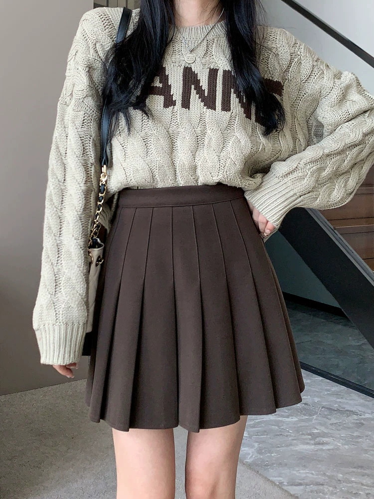 Váy len xếp ly lưng cao màu xám, phong cách preppy thu đông dành cho nữ, phong cách Melard, váy chữ A thon gọn, váy ngắn.