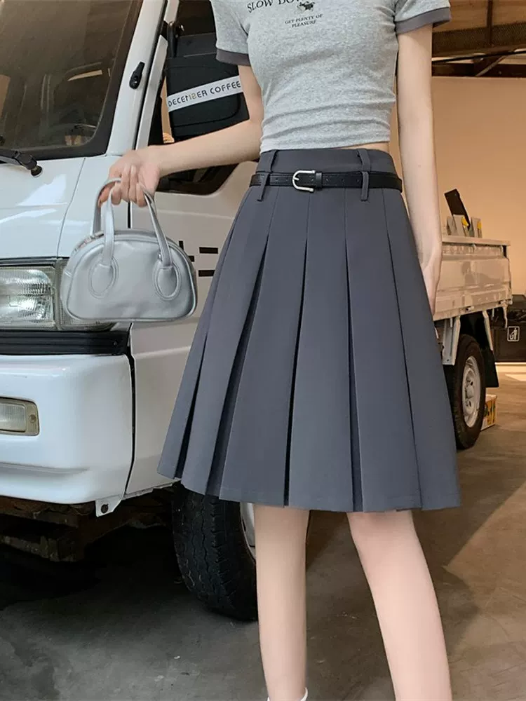 Váy xếp ly màu trắng cao cấp dành cho nữ, thiết kế mùa thu, kiểu dáng độc đáo, dáng chữ A dài trung bình, phong cách preppy che hông.