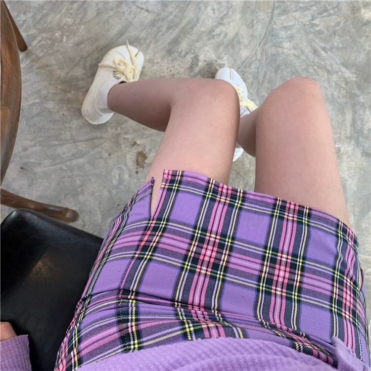 Váy kẻ sọc tím lưng cao cỡ lớn dành cho nữ, mùa hè, váy chữ A đa năng, tôn dáng, có đường xẻ để chống lộ, váy ôm hông.