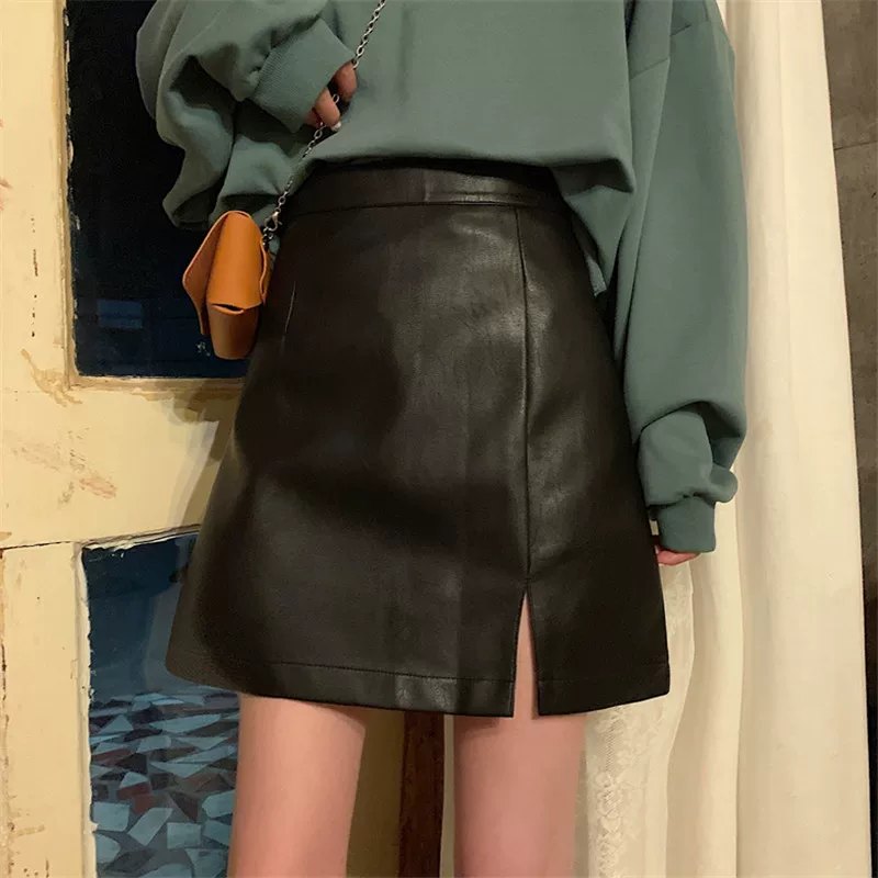 Váy da PU mùa thu đông, phong cách Hàn Quốc, cỡ lớn, lưng cao, xẻ tà, váy bút chì ôm sát, váy ngắn chữ A cỡ lớn dành cho học sinh.