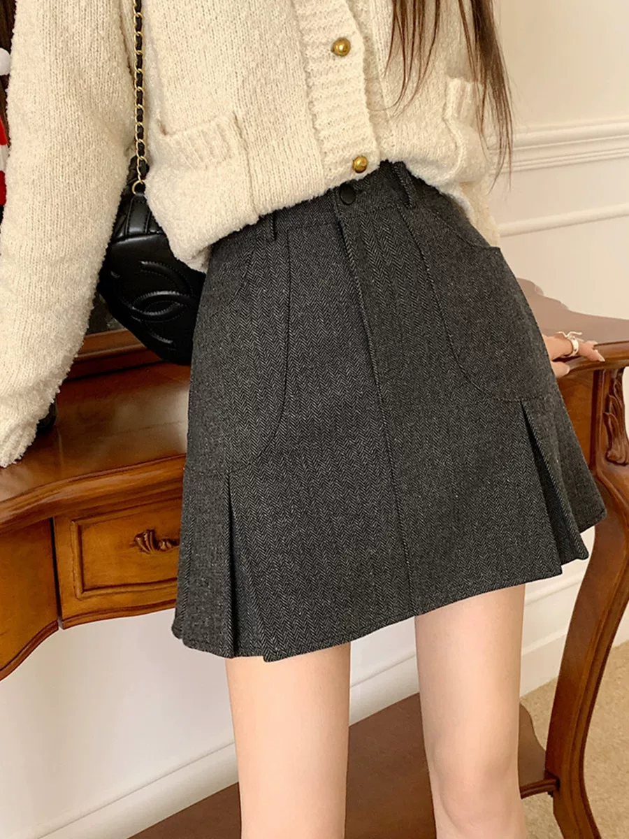 Váy len xếp ly màu xám dành cho nữ, váy nửa thân mùa thu đông, váy cạp cao che hông cỡ lớn, váy ngắn chữ A chống lộ tôn dáng