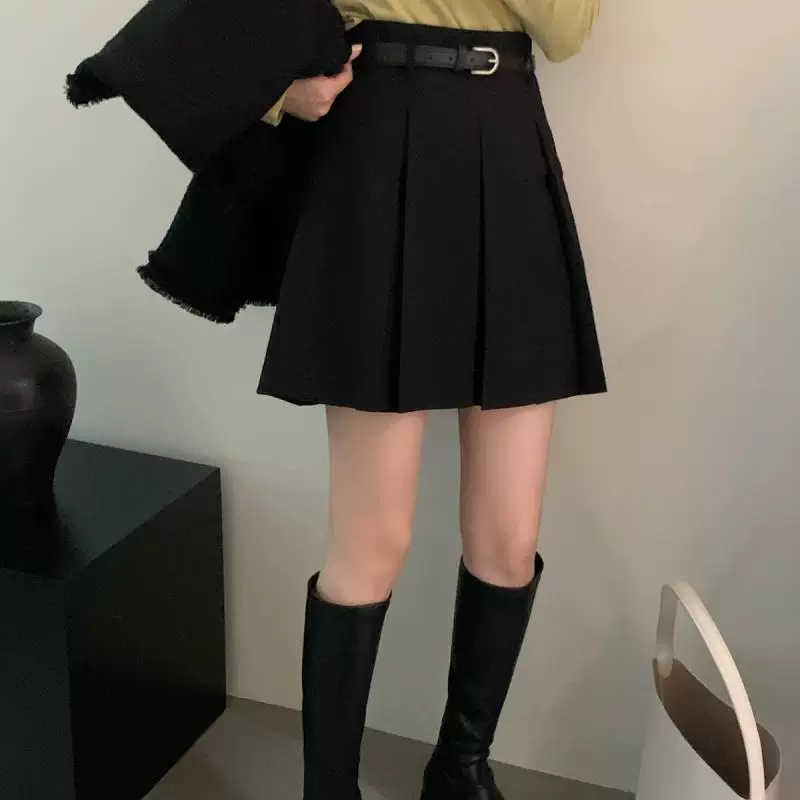 Váy xếp ly màu xám dành cho nữ, mùa thu, cỡ lớn, phong cách preppy, lưng cao, thiết kế độc đáo, váy ngắn kiểu dáng độc đáo, kiểu dáng ôm sát, váy nửa thân che chắn.