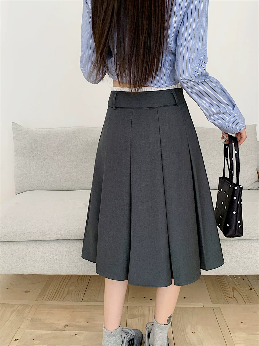 Váy xếp ly dài vừa phải màu xám dành cho nữ, cỡ lớn mùa hè, phong cách preppy, váy kiểu dáng ôm dáng cao eo, váy chữ A che hông.