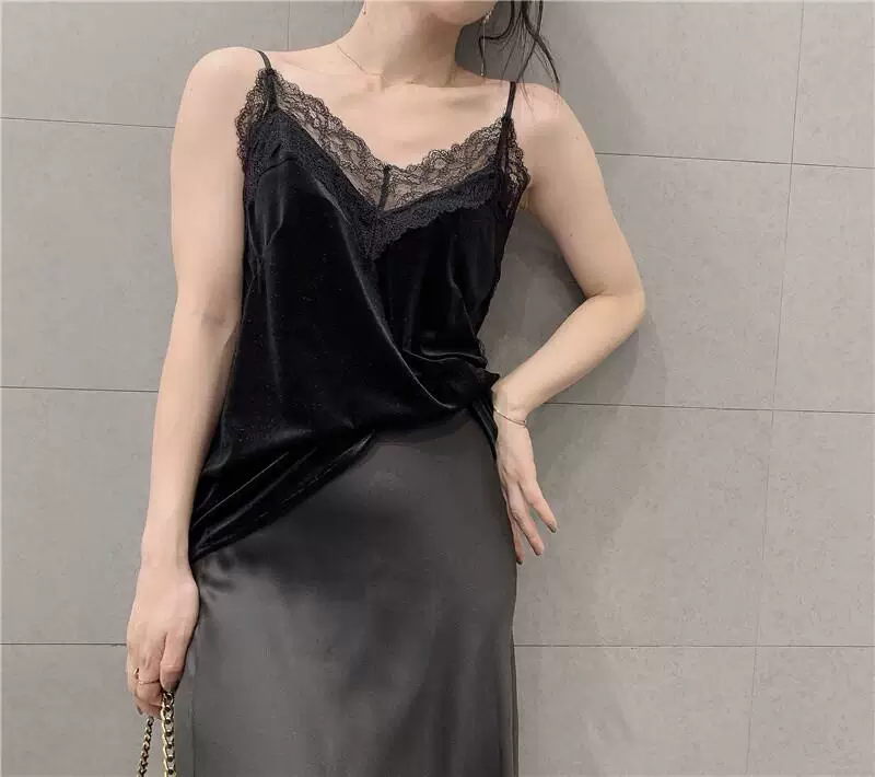 Áo camisole nhung dây mảnh gợi cảm phong cách Hàn Quốc, áo lót ren cổ V, kiểu dáng ôm dáng, áo lót thời trang