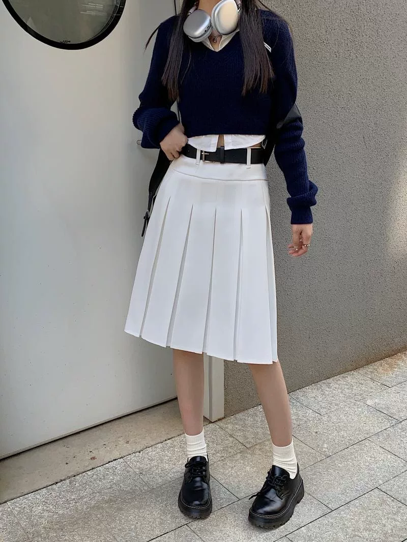 Váy xếp ly váy midi nữ cỡ lớn váy phong cách preppy mùa xuân hè 2023 váy chữ A che hông váy cao cấp màu xám