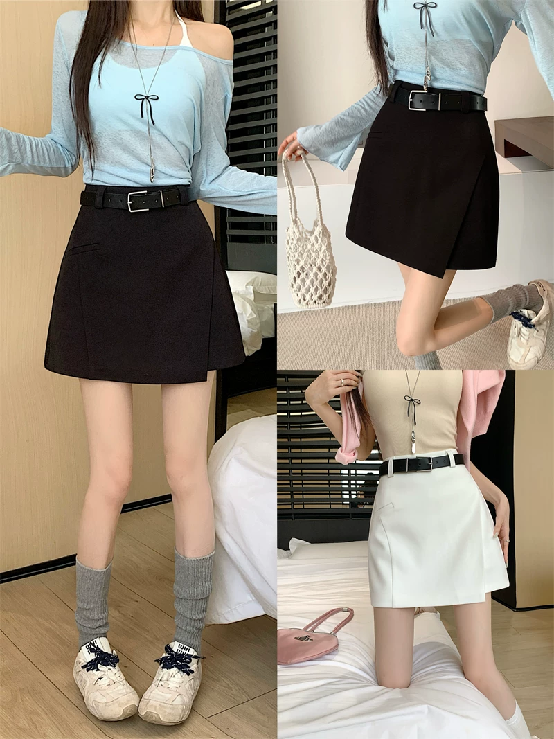 Váy vest bất đối xứng cỡ lớn dành cho nữ, váy ngắn màu trắng lưng cao mùa hè che hông và giúp bạn trông thon gọn hơn, váy bút chì dáng chữ A.