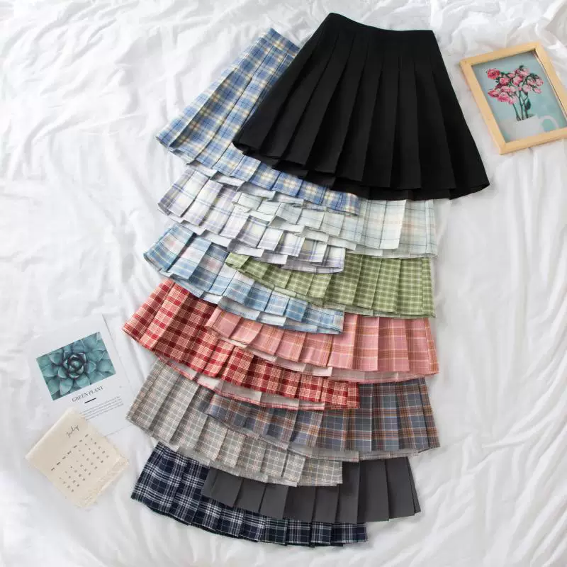 Váy xếp ly lưng cao màu đen cỡ lớn dành cho nữ, váy chữ A, mùa hè, dành cho những cô nàng mũm mĩm, phong cách preppy, váy ngắn kẻ sọc chống lộ, váy JK.