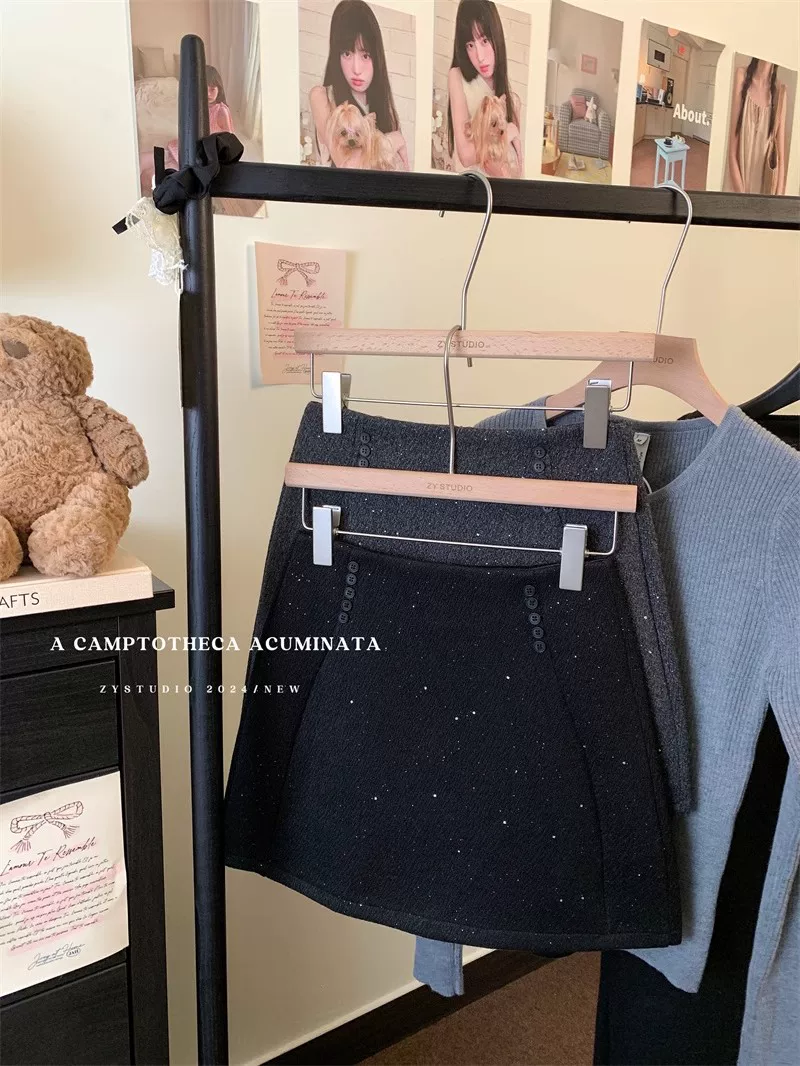 Váy len dày bóng cho nữ, mùa thu đông, váy ôm sát đính sequin cạp cao, váy ngắn chữ A chống lộ.