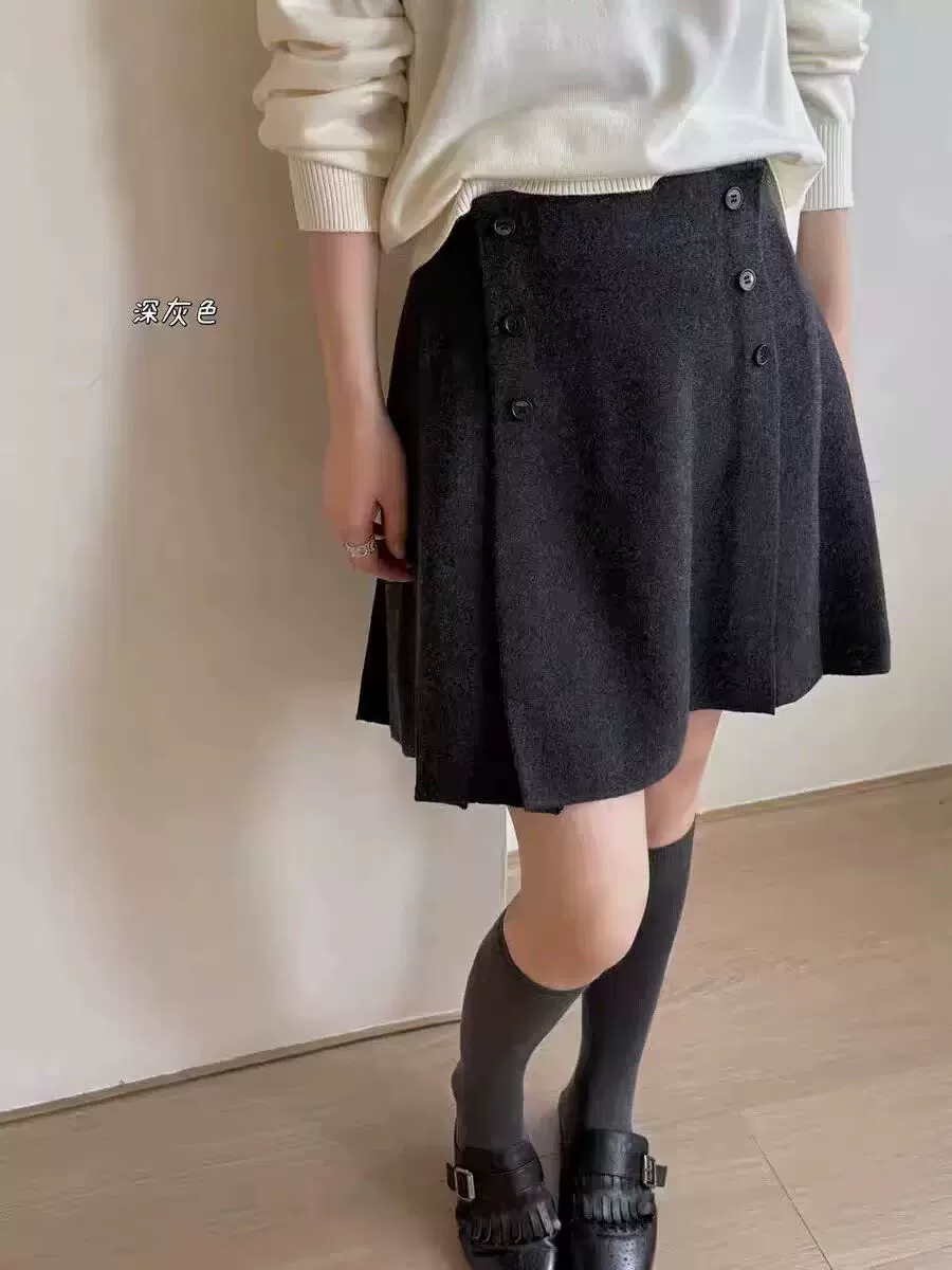 Váy len xếp ly màu xám, váy ngắn dáng chữ A cạp cao hai hàng khuy kiểu Hàn Quốc dành cho nữ, kiểu dáng miu, size lớn, mùa thu đông