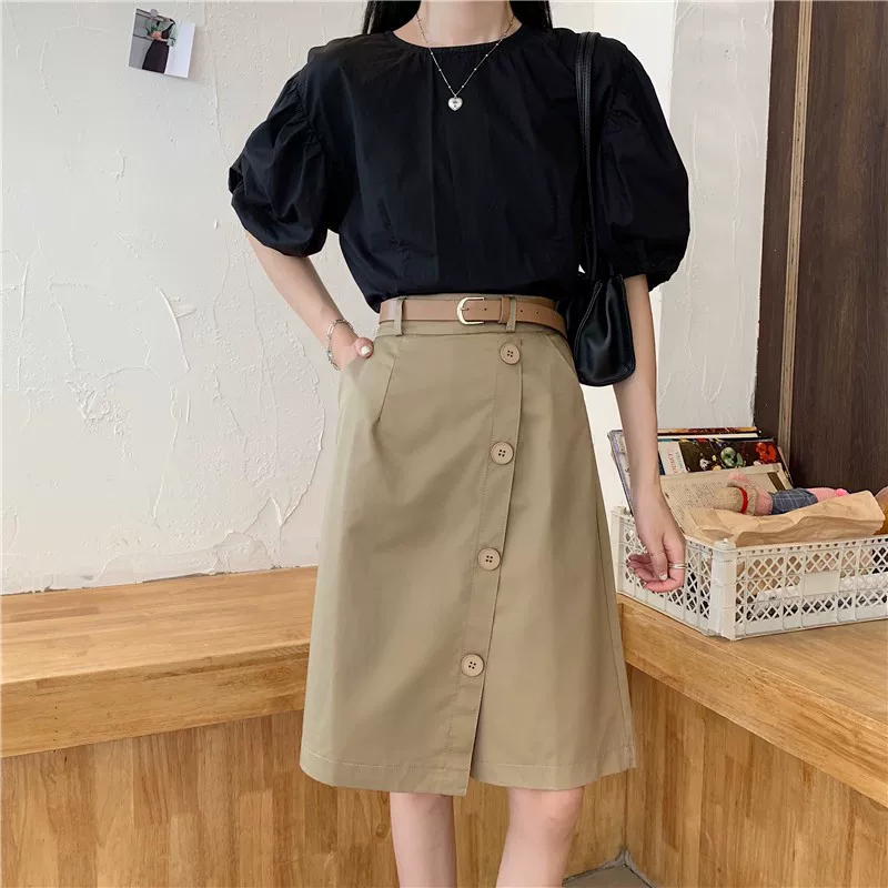 Váy dài trung bình phong cách Hàn Quốc mùa hè, váy chữ A không đều dáng rộng cạp cao cỡ lớn, váy công sở, váy ôm dáng phong cách preppy