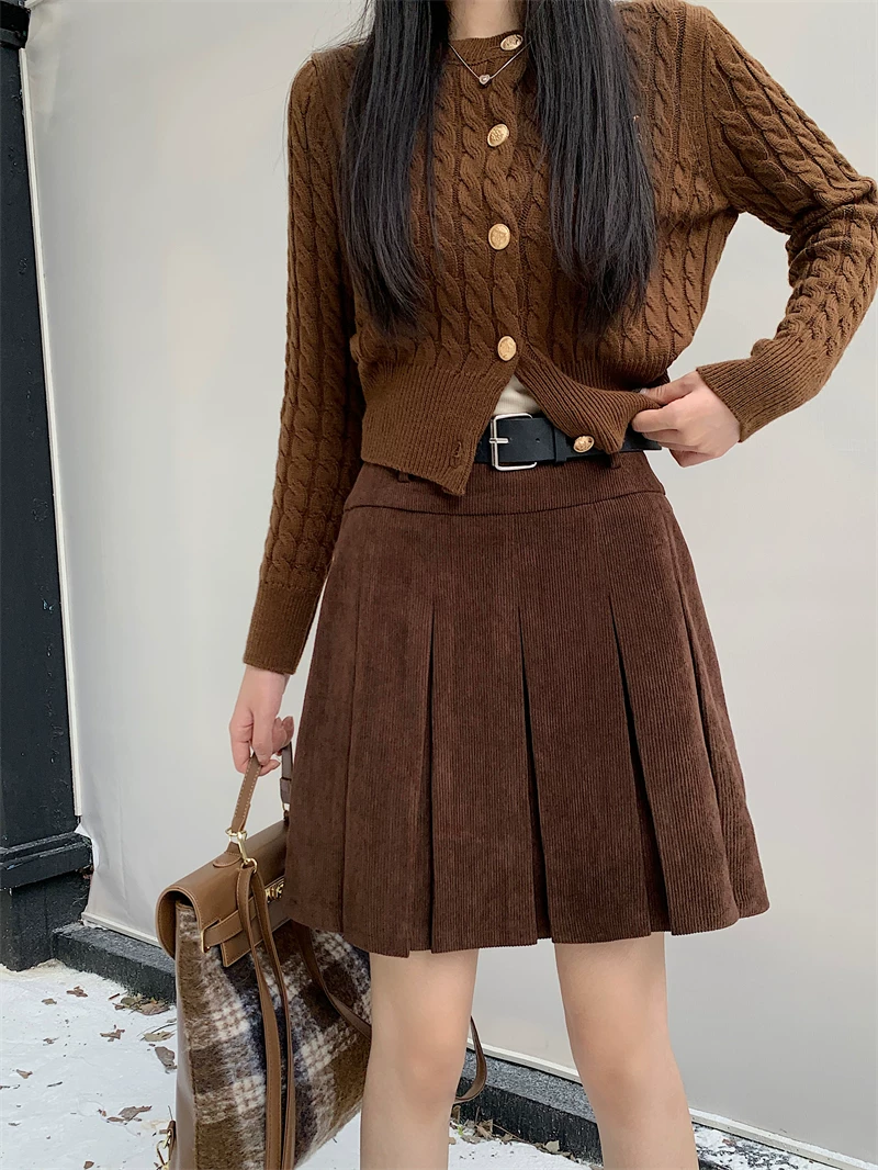 Váy nhung kẻ sọc dáng dài, mùa thu đông, váy bút chì dáng A Melard, váy nhung kẻ, váy xếp ly cao eo tôn dáng