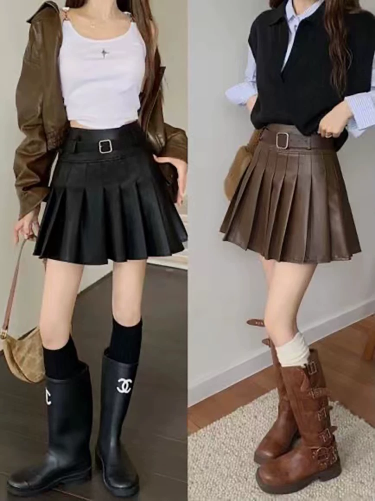 Váy da PU chữ A lưng cao, váy xếp ly, váy nửa thân nữ, váy ngắn chữ A cỡ lớn mùa thu đông hot girl, váy da mini ôm hông màu cà phê
