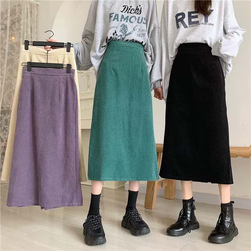 Váy midi nhung kẻ sọc cổ điển cỡ lớn dành cho nữ, mùa thu đông, kiểu ôm sát, tôn dáng, che hông, có xẻ tà, kiểu bút chì, váy dài.