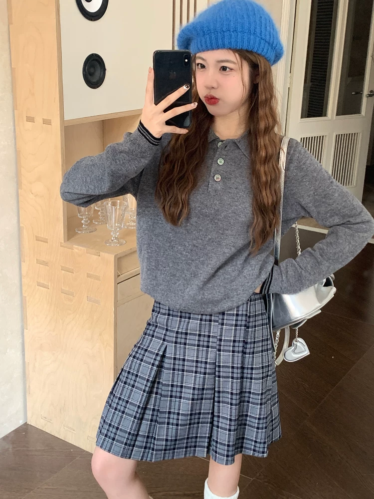 Váy kẻ sọc nâu cổ điển dành cho nữ, váy ngắn chữ A cạp cao cỡ lớn mùa thu, váy xếp ly phong cách preppy phong cách Hàn Quốc, váy dài vừa phải