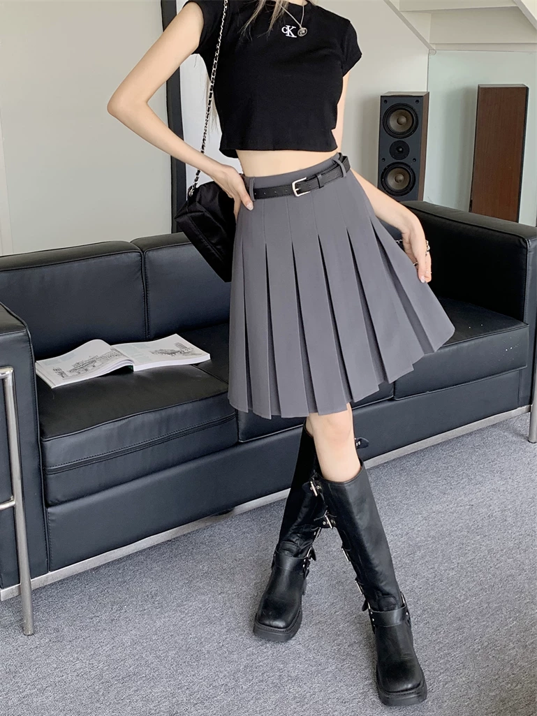 Váy xếp ly màu xám dành cho nữ, dài vừa phải, mùa hè, cỡ lớn, che hông, dáng chữ A, lưng cao, thon gọn, váy nửa thân kiểu JK.