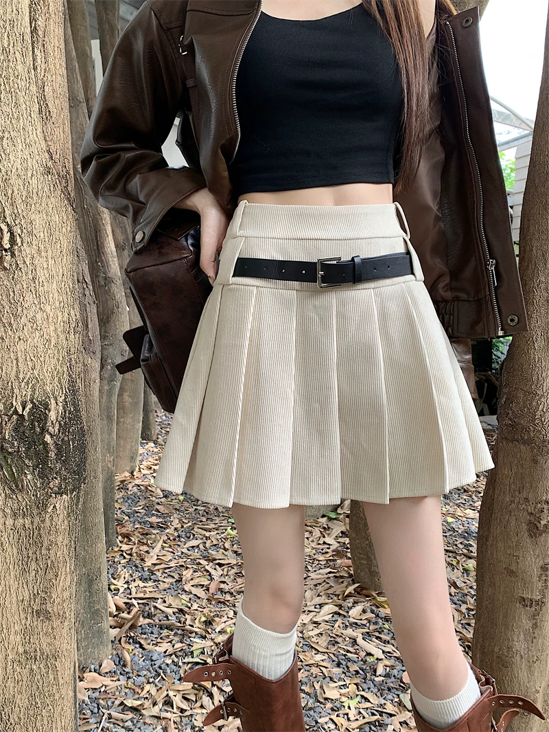 Váy xếp ly chữ A bằng vải nhung kiểu Mỹ cổ điển, váy ngắn che hông gợi cảm mùa thu đông, váy thiết kế cạp cao cỡ lớn