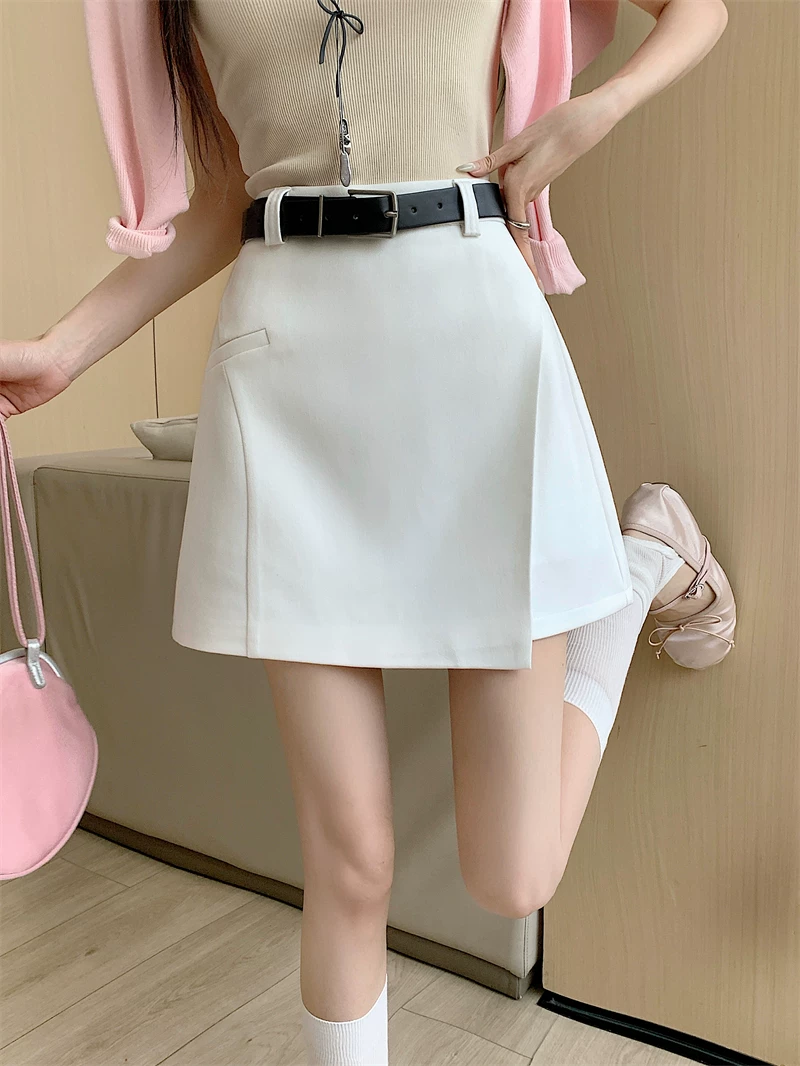 Váy vest bất đối xứng cỡ lớn dành cho nữ, váy ngắn màu trắng lưng cao mùa hè che hông và giúp bạn trông thon gọn hơn, váy bút chì dáng chữ A.
