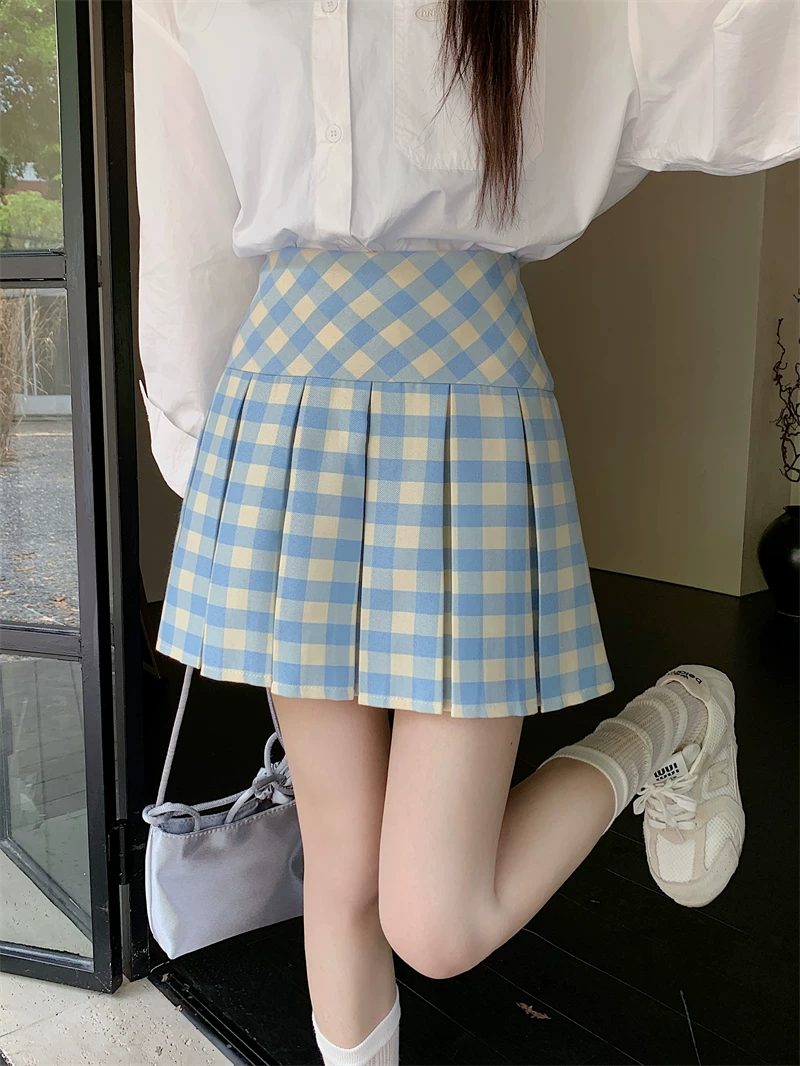 Váy xếp ly kẻ sọc xanh kiểu Mỹ dành cho nữ, cỡ lớn, váy chữ A cạp cao, phong cách đại học mùa hè, váy ngắn kẻ sọc chống lộ