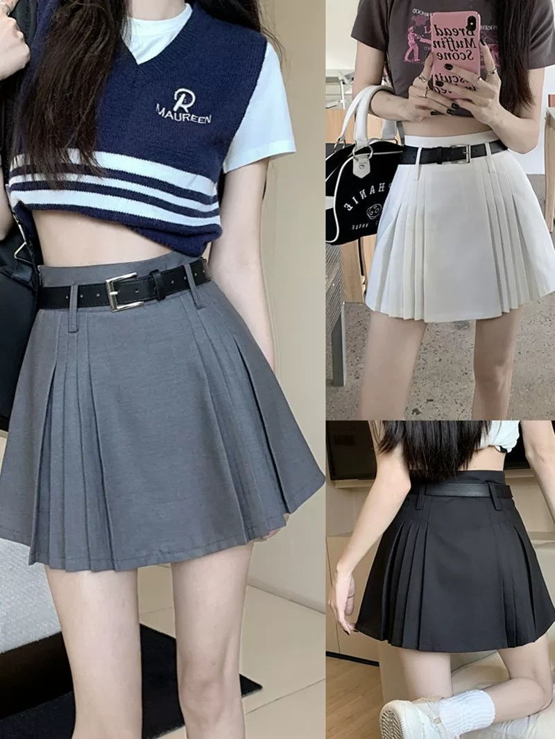 Chân váy trắng thời trang dành cho nữ, size lớn mùa hè, phong cách preppy, chân váy xếp ly cao eo, chân váy ngắn dáng A tôn dáng