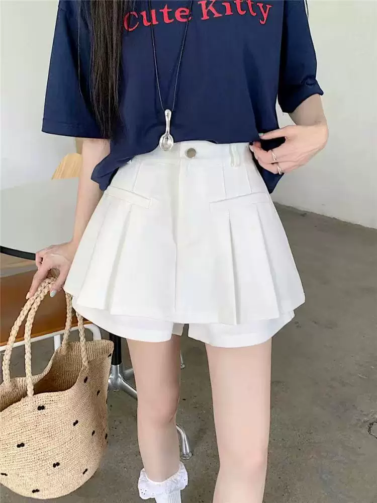 Quần short xếp ly cao eo màu trắng, kiểu dáng mùa hè, size lớn, bộ đồ thường ngày, quần ống rộng, kiểu giả hai mảnh, chân váy ngắn, quần culottes