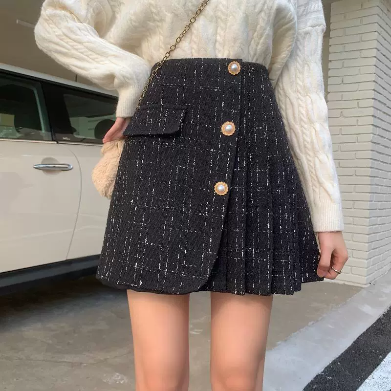 Váy xếp ly bằng vải tweed cỡ lớn dành cho nữ, thiết kế mùa đông, váy ngắn dành cho phụ nữ cỡ lớn, váy bút chì kẻ sọc lưng cao, váy chữ A.