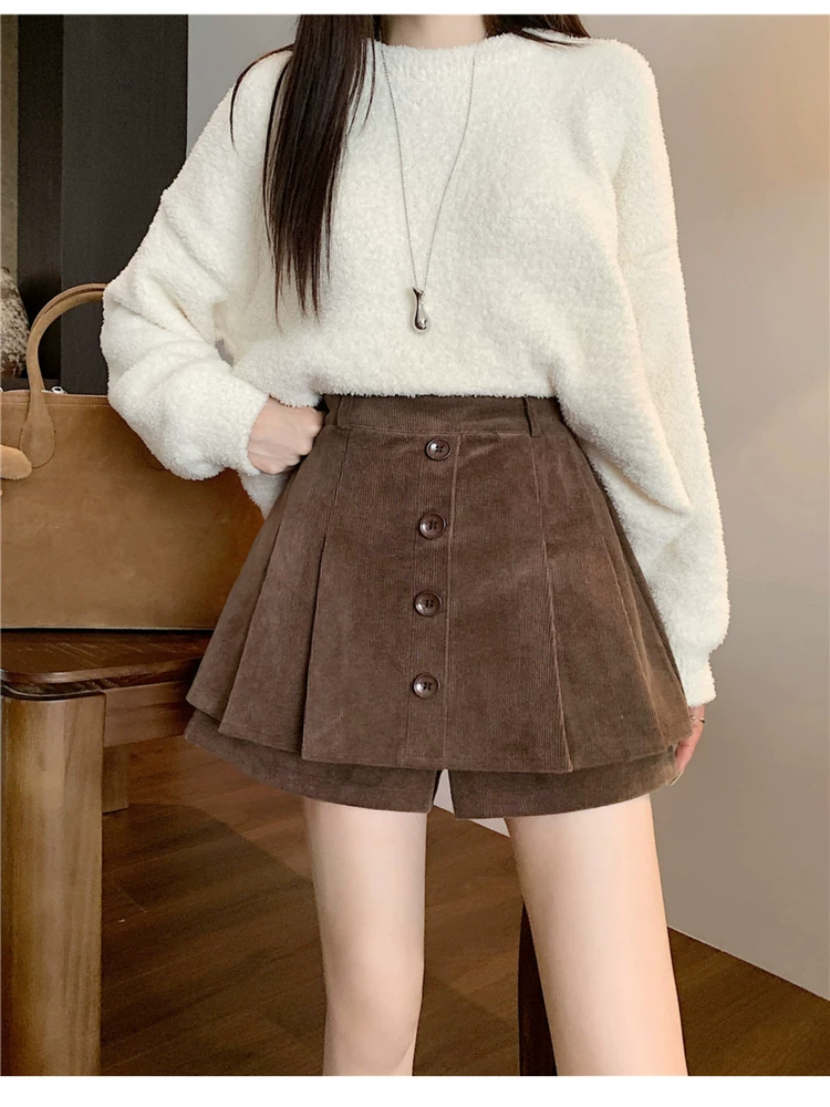 Quần culottes xếp ly bằng vải nhung màu nâu dành cho nữ, mùa thu đông, cỡ lớn, quần ống rộng bằng vải nhung lưng cao, giảm béo, chống lộ, váy ngắn chữ A