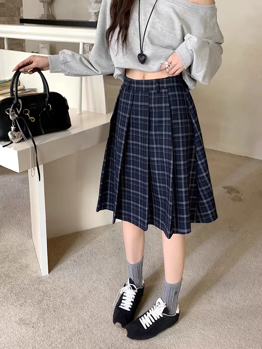 Váy xếp ly kẻ sọc xanh cỡ lớn dành cho nữ, váy chữ A cạp cao tôn dáng mùa xuân hè, váy dài che hông dành cho phụ nữ cỡ lớn.