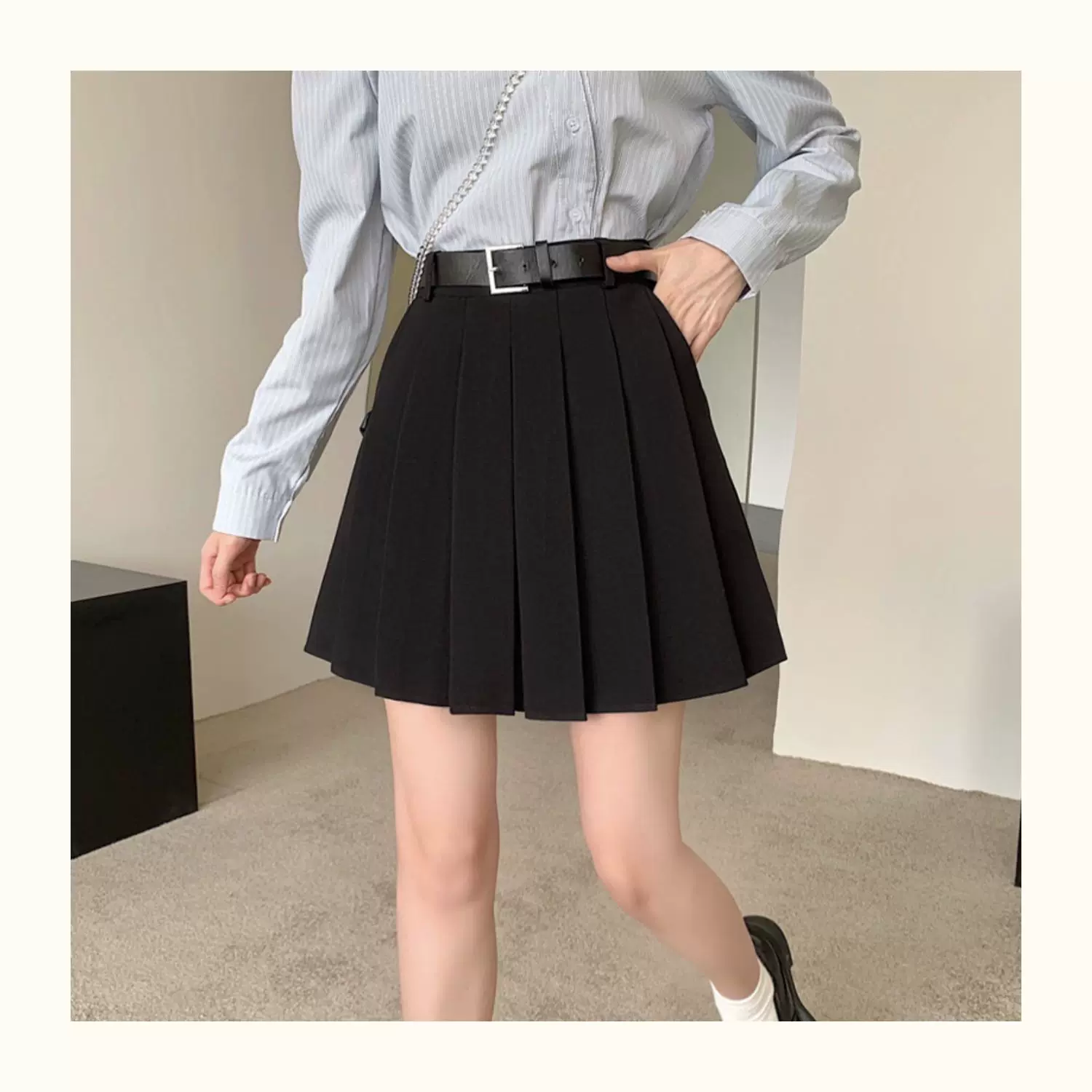 Váy xếp ly TB màu trắng cỡ lớn dành cho nữ mùa xuân hè Bộ đồ chống lộ váy chữ A váy cạp cao kiểu học sinh quần váy