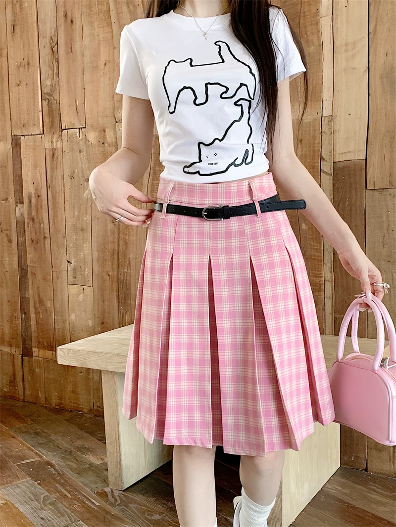 Váy kẻ sọc hồng, size lớn, váy xếp ly dài vừa phải, váy chữ A họa tiết phong cách preppy Mỹ, váy ngắn cạp cao tôn dáng