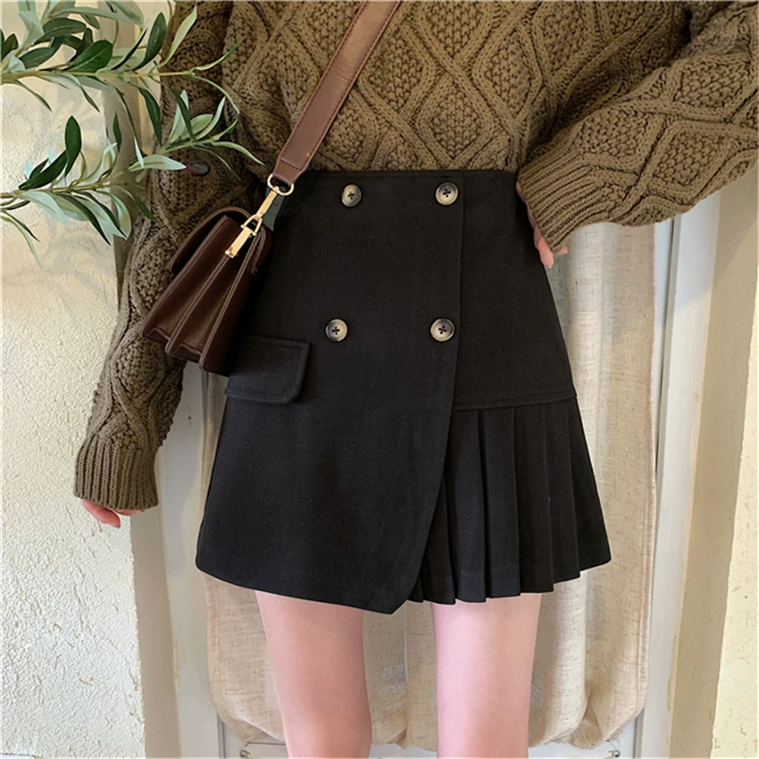 Quần váy xếp ly không đều lưng cao cỡ lớn dành cho nữ, váy ngắn chữ A, phong cách Hàn Quốc mới thu đông 2023, váy len dành cho những cô nàng mũm mĩm.