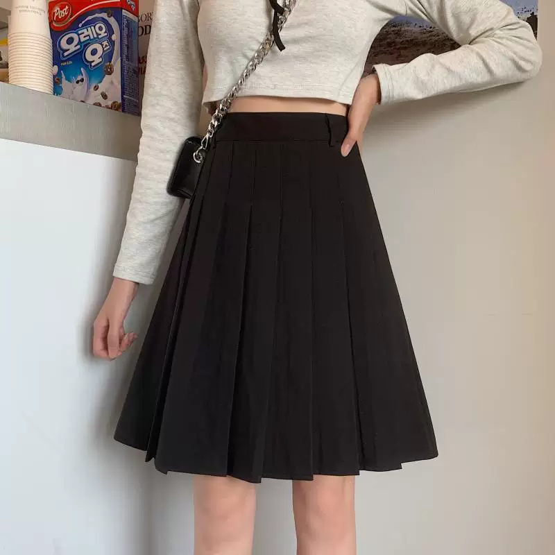 Váy xếp ly màu xám JK cạp cao dành cho nữ, váy midi màu cà phê cỡ lớn mùa thu đông, váy chữ A tôn dáng, váy ngắn màu đen.