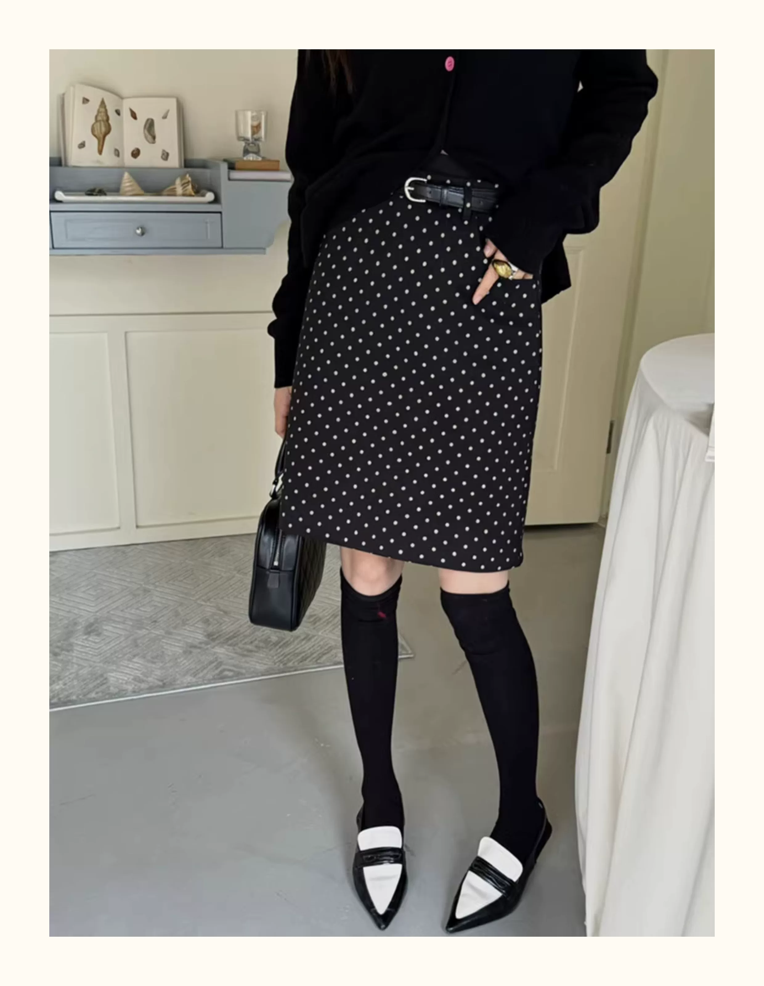 Váy chấm bi đen cho nữ, cỡ lớn, mùa xuân hè, váy bút chì len lưng cao, váy midi chữ A, cỡ lớn, váy bút chì xẻ tà chấm bi.