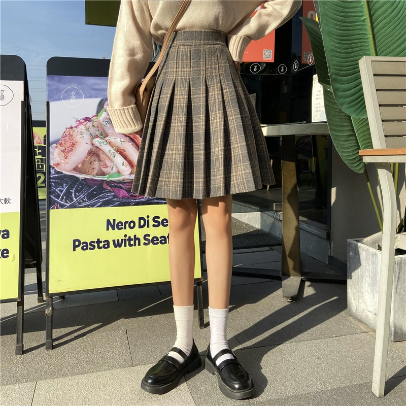 Váy xếp ly kẻ sọc kaki len cho nữ, váy ngắn dáng chữ A cạp cao, size lớn, dành cho người mũm mĩm, mùa thu đông, kiểu váy xòe
