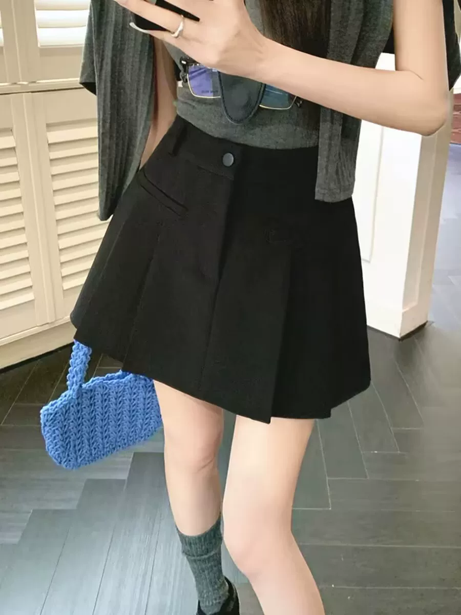 Quần váy xếp ly màu xám dành cho nữ, quần váy không đều mùa hè, cỡ lớn, eo cao, giảm béo, váy ngắn chữ A chống lộ