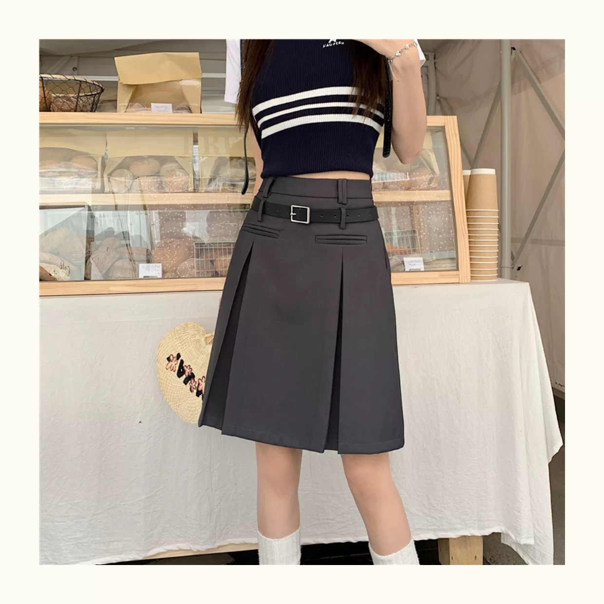 Váy xếp ly màu xám dành cho nữ, dài vừa phải, mùa hè, lưng cao, váy chữ A thon gọn, cỡ lớn, che tay và bụng, váy midi, quần váy.