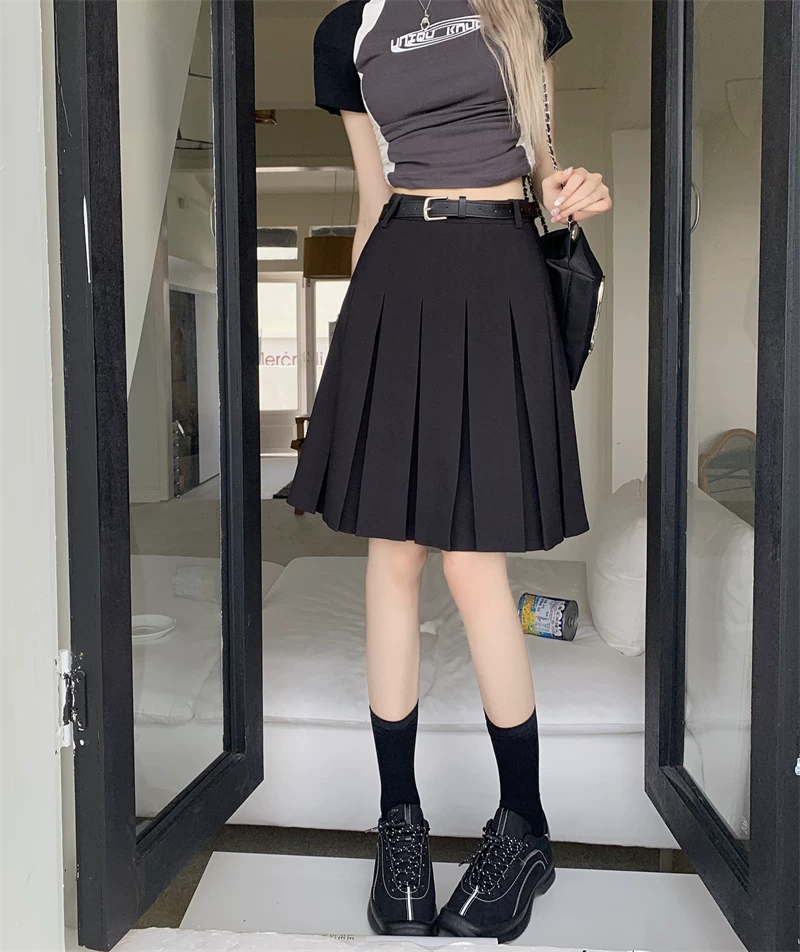 Váy xếp ly lưng cao màu xám, váy chữ A dài vừa phải mùa hè dành cho nữ, váy kiểu vest che bụng, váy JK.