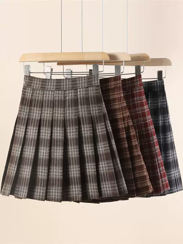Váy kẻ sọc đỏ len cỡ lớn, váy xếp ly dày dành cho nữ, váy chữ A phong cách đại học mùa thu đông, váy ngắn kẻ sọc cà phê.